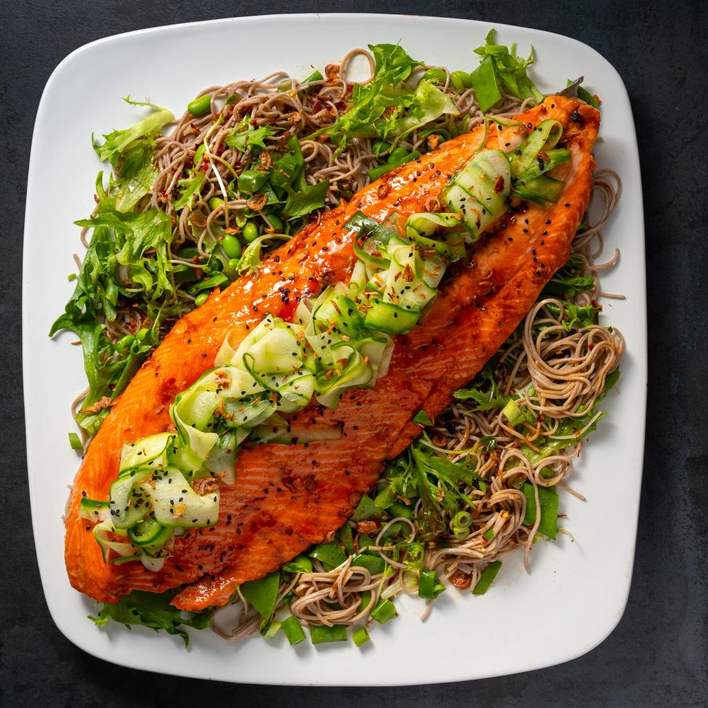Glazed Salmon with Pickled Cucumber  Sesame Noodles