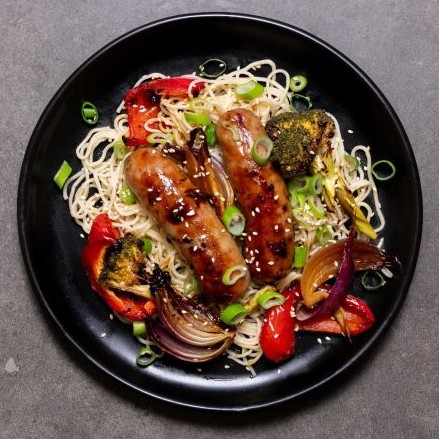 Glazed Sausages  Vegetable Tray Bake