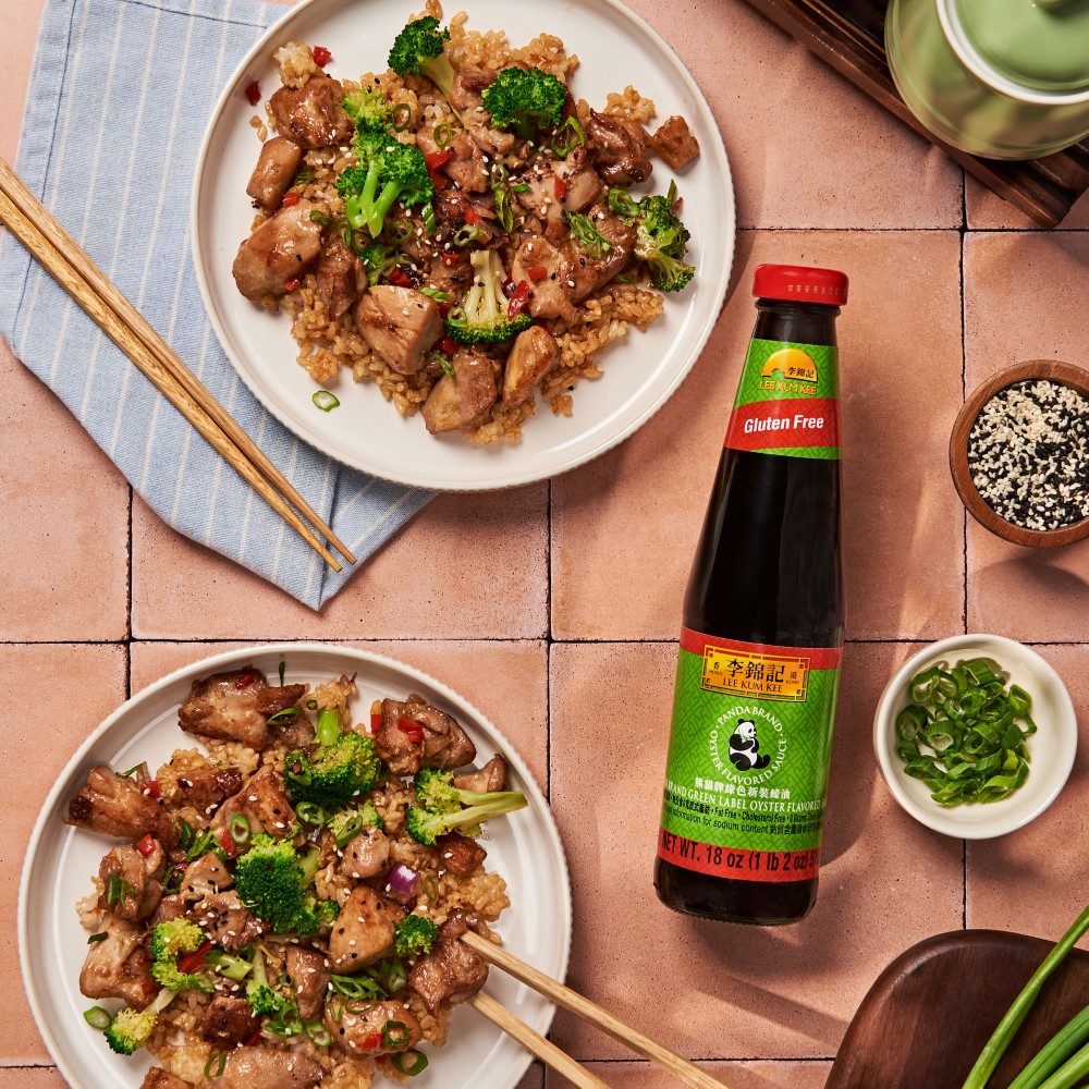 Chicken Teriyaki and broccoli seasoned with Panda Brand Green Label Oyster Sauce by Lee Kum Kee, a gluten free oyster sauce.