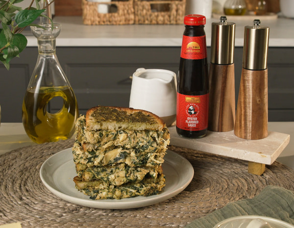 A grilled cheese sandwich recipe with pesto crust featuring Lee Kum Kee oyster sauce.
