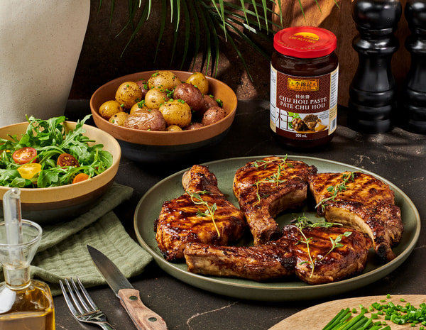 A grilled pork chops recipe made with Lee Kum Kee Chu Hou Paste.