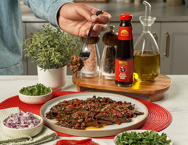  grilled steak recipe, marinated with oyster sauce and dressed with chimichurri rojo sauce.