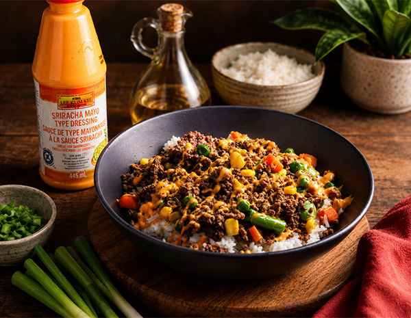 A ground beef rice bowl recipe for meal prep, drizzled with sriracha mayo.