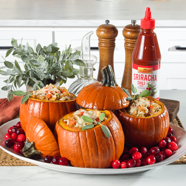 Ground Turkey Stuffed Pumpkins Recipe, made with Lee Kum Kee Sriracha Chili Sauce.
