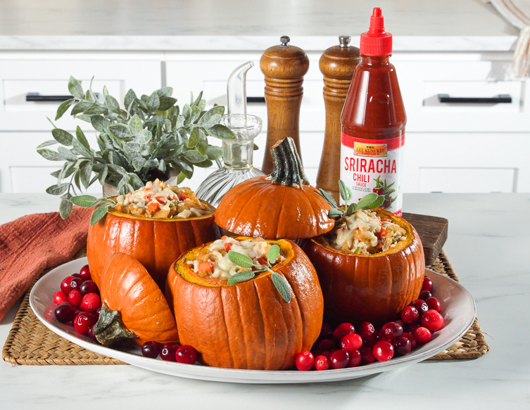 Ground Turkey Stuffed Pumpkins Recipe, made with Lee Kum Kee Sriracha Chili Sauce.