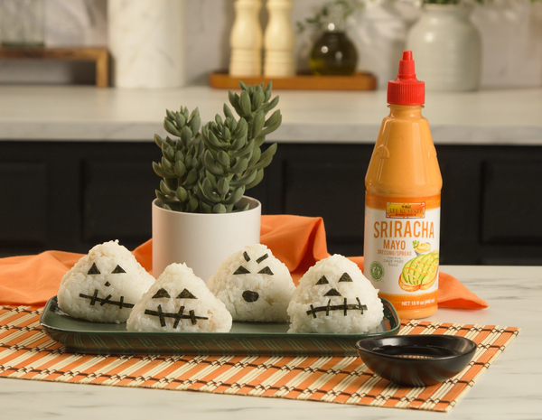 Tuna Onigiri Recipe with a fun Halloween Twist featuring Lee Kum Kee Sriracha Mayo!