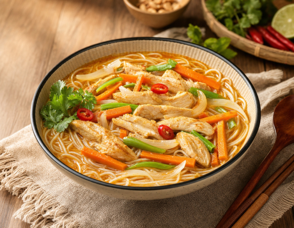 Rice Noodle in Satay Soup with Chicken Fillet and Carrot