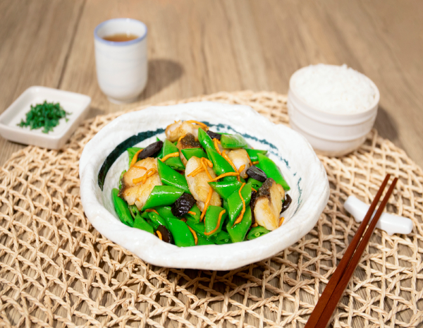 Sautéed Codfish with Black Garlic and Sugar Snap Peas