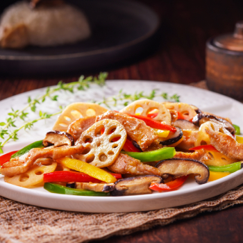 Wok-fried Kagoshima Kurobuta Pork with Shiitake Mushroom and Lotus Root