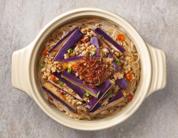 Braised Eggplant Minced Pork and Glass Noodle with Seafood XO Sauce in Casserole