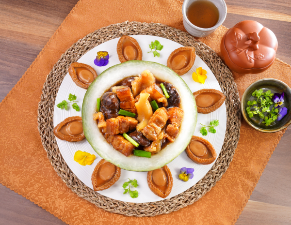 Steamed Winter Melon with Abalone, Fish Maw, Braised Pork Belly and Mushroom