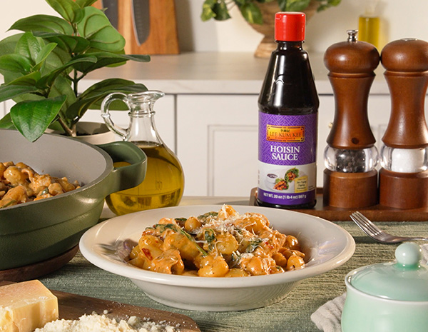 A chicken gnocchi recipe made in a skillet and finished with Lee Kum Kee Hoisin Sauce.