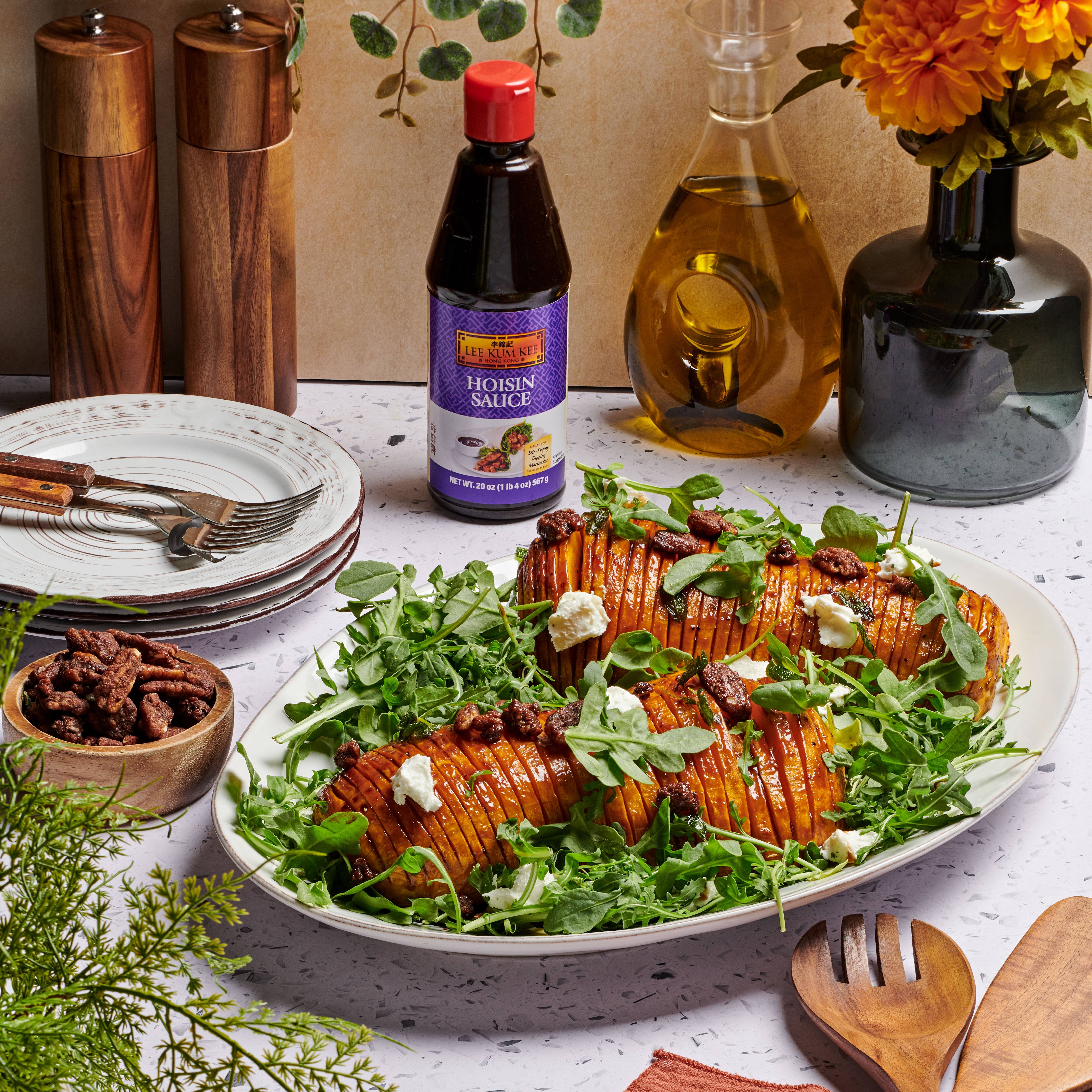 A Hasselback Butternut Squash recipe with a Lee Kum Kee Hoisin Sauce glaze, perfect for a Thanksgiving vegetable.