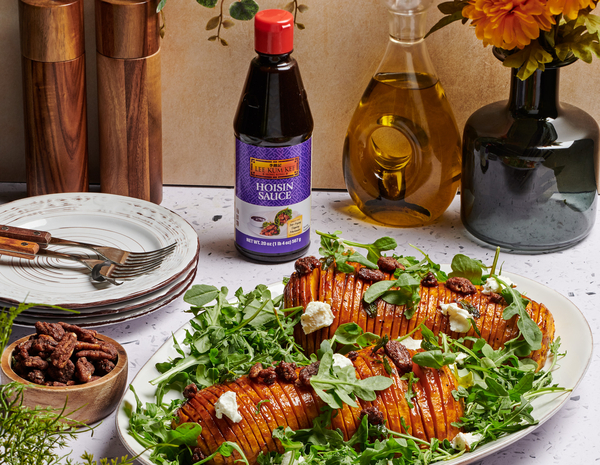 A Hasselback Butternut Squash recipe with a Lee Kum Kee Hoisin Sauce glaze, perfect for a Thanksgiving vegetable.