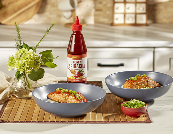 A honey sriracha salmon marinade with Lee Kum Kee Honey Sriracha Sauce.