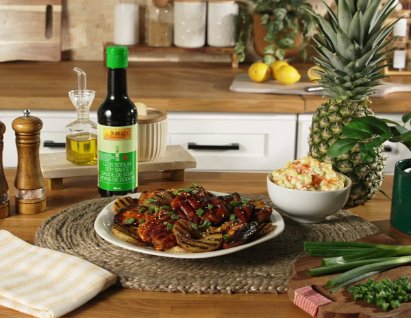 A huli huli chicken recipe marinated with Lee Kum Kee Less Sodium Soy Sauce