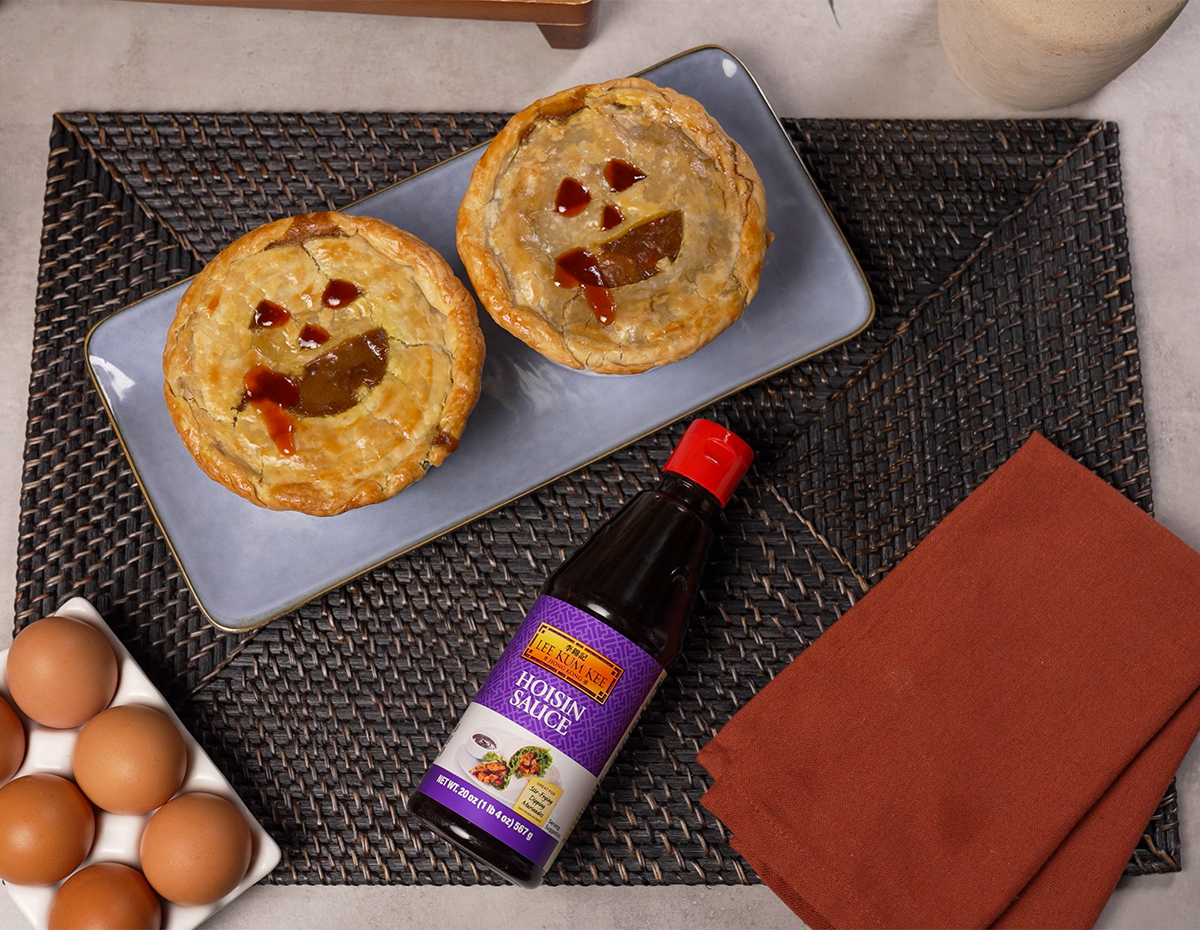 A Japanese Curry pot pie recipe designed for Halloween, shaped like Jack-o-Lanterns, and filled with pumpkin.