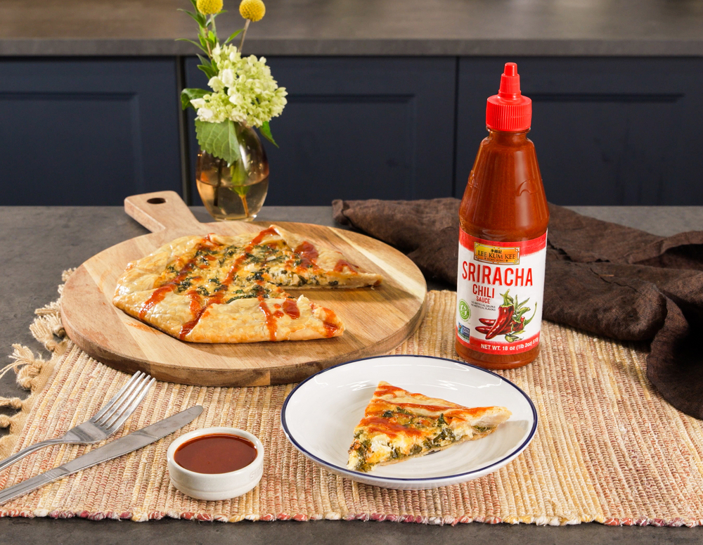 Savory Galette recipe with kale and Cheddar cheese, featuring Lee Kum Kee Sriracha Chili Sauce