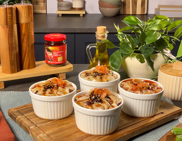 A dumpling lasagna recipe made with kimchi and pork.