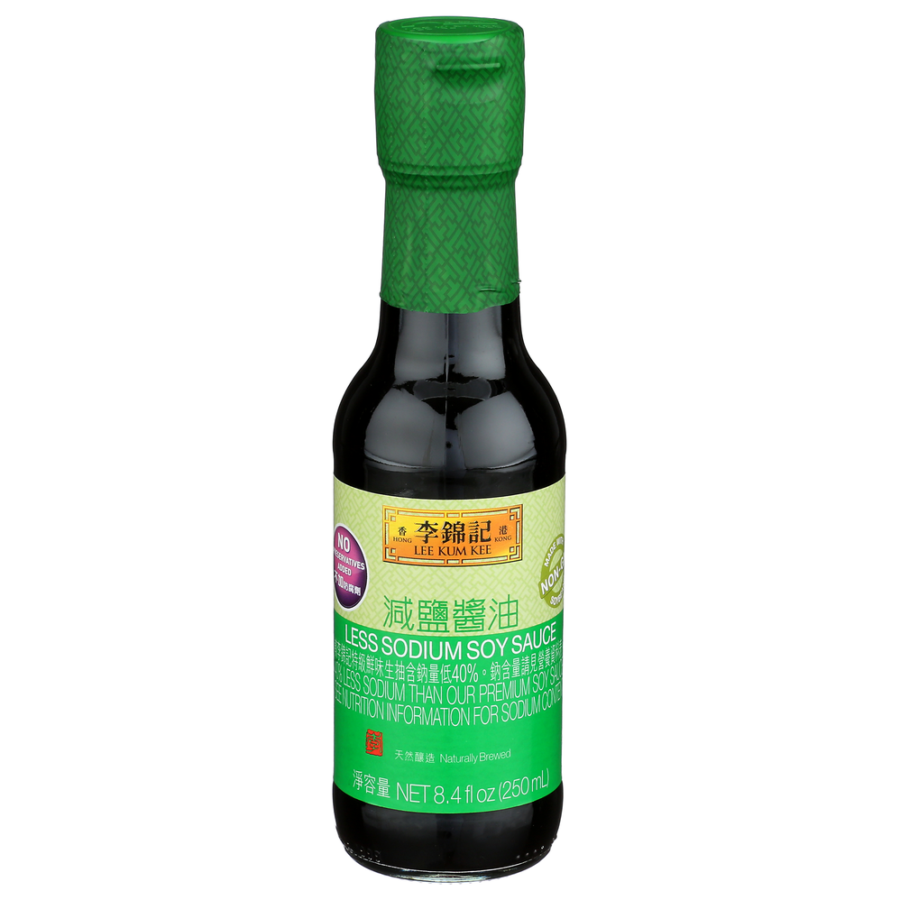 Less Sodium Soy Sauce by Lee Kum Kee, 250 mL bottle.