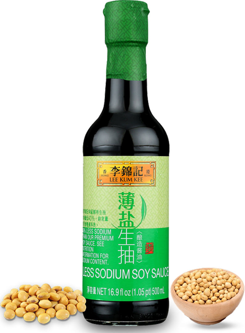 500ml bottle of Lee Kum Kee Less Sodium Soy Sauce, a reduced-sodium option for flavorful cooking and seasoning