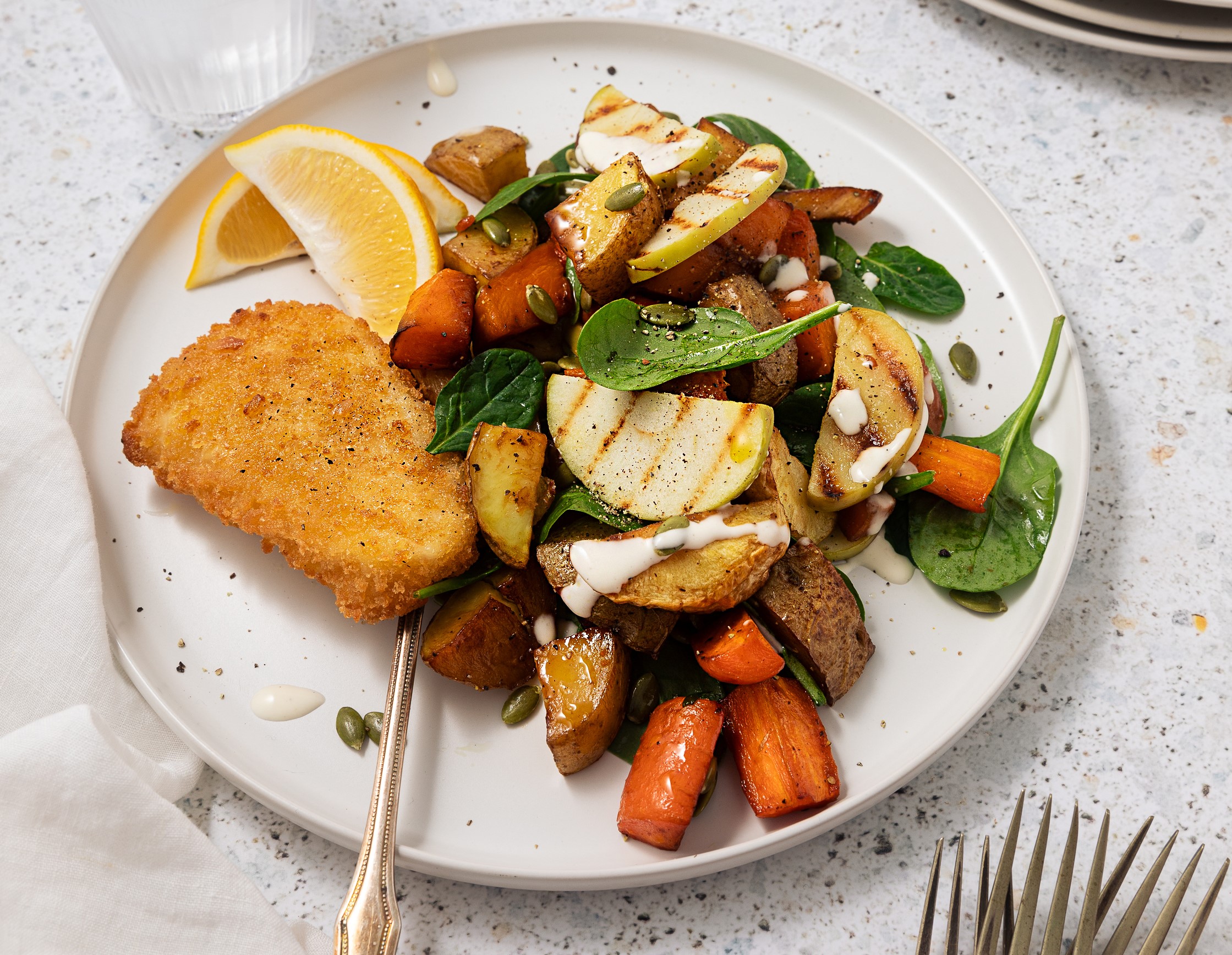 LKK Crumbed fish  apple salad  angle 600x465