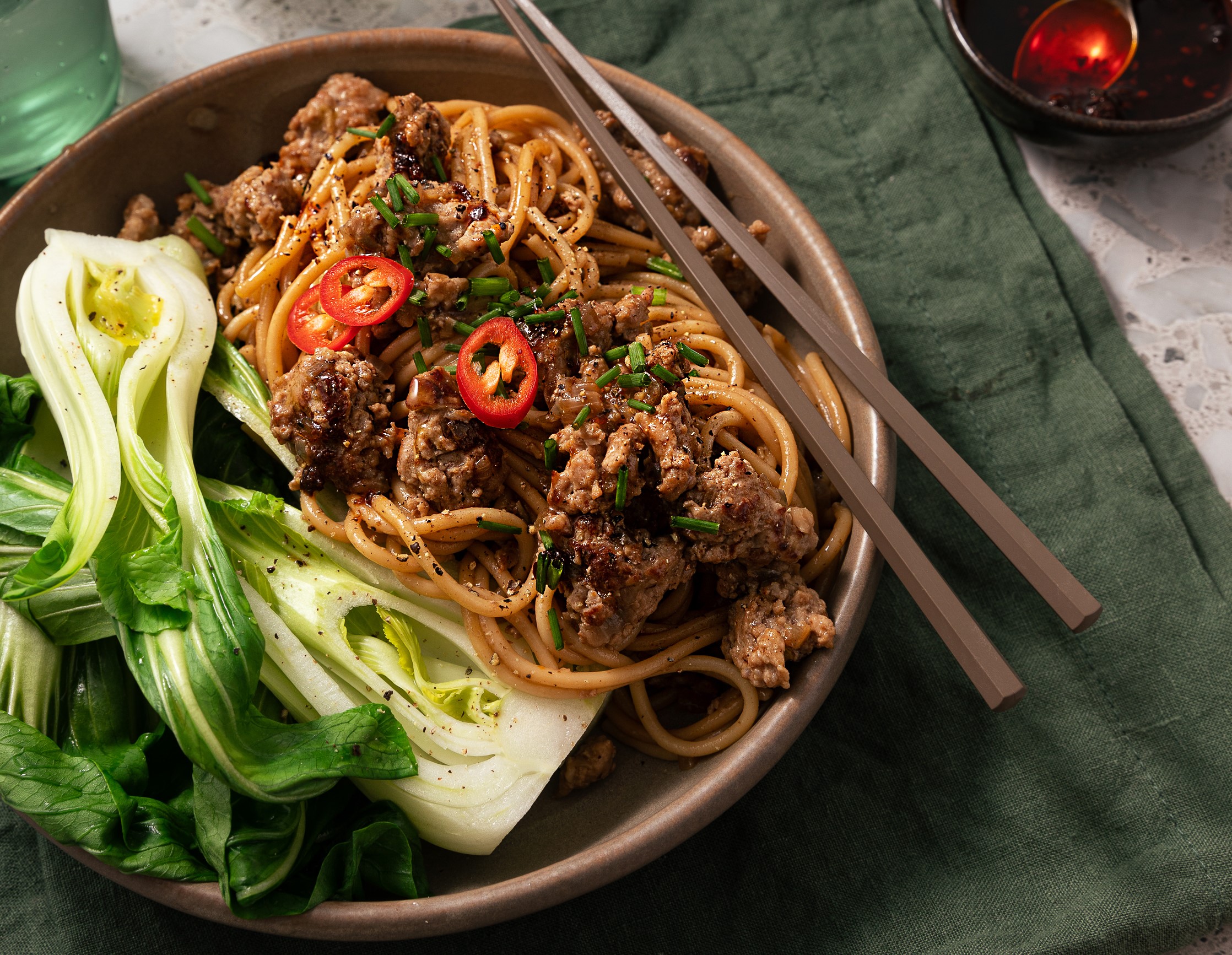 LKK Pork spaghetti with bok choy - angle 600x465 1