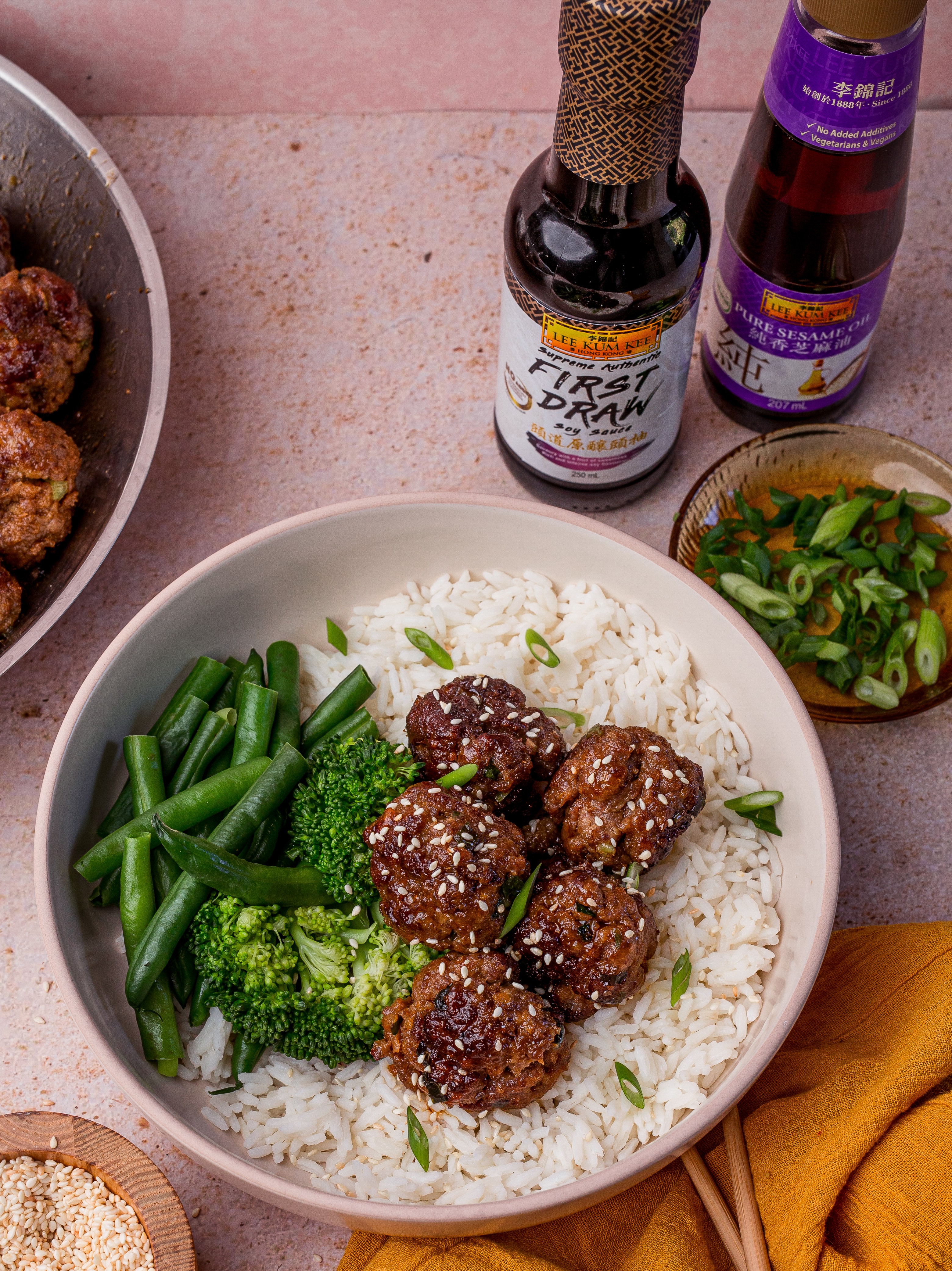 LKKSoy and ginger beef meatballs with Rice  Greens4247