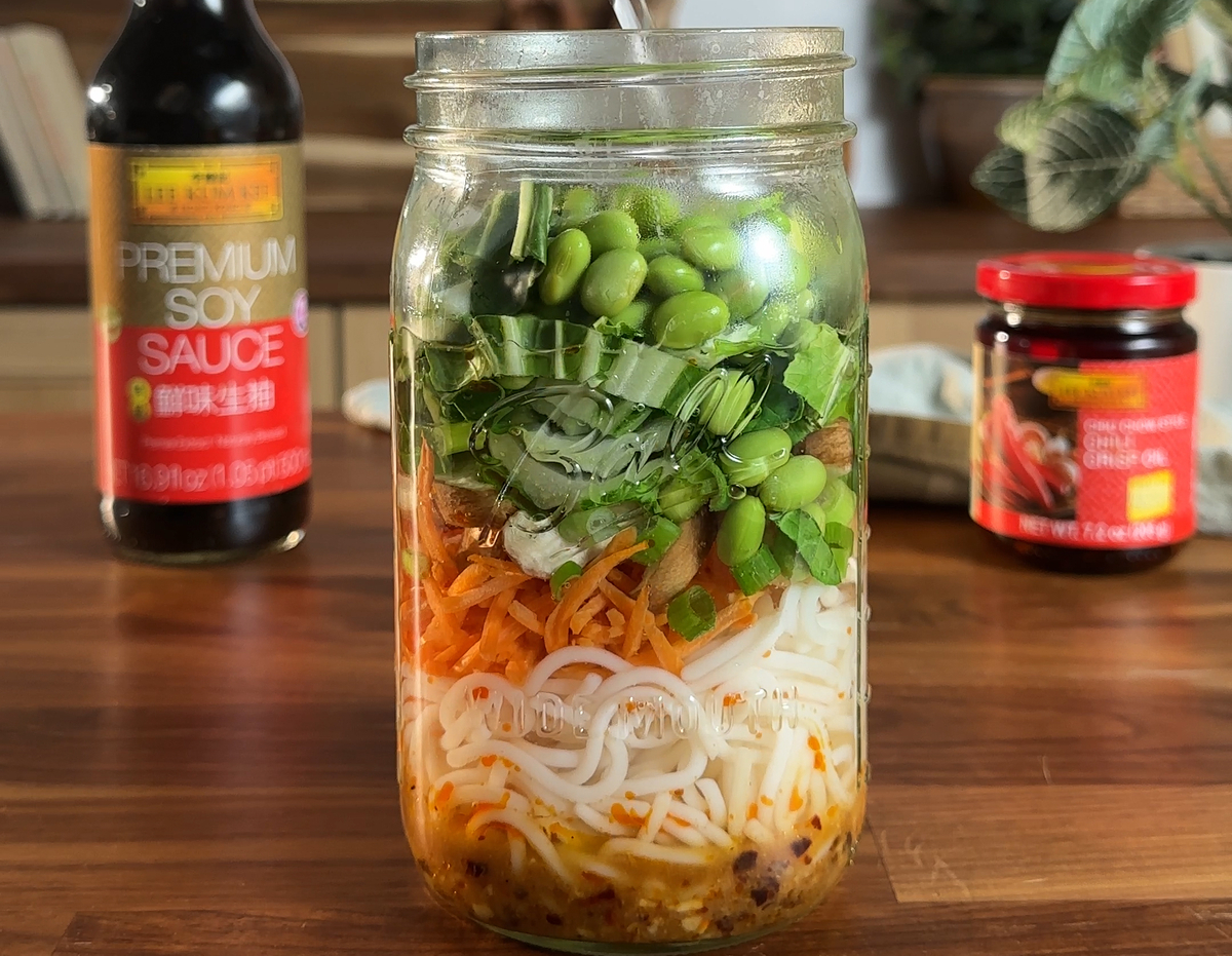 A mason jar ramen meal prep recipe made with a flavor base of Lee Kum Kee sauces