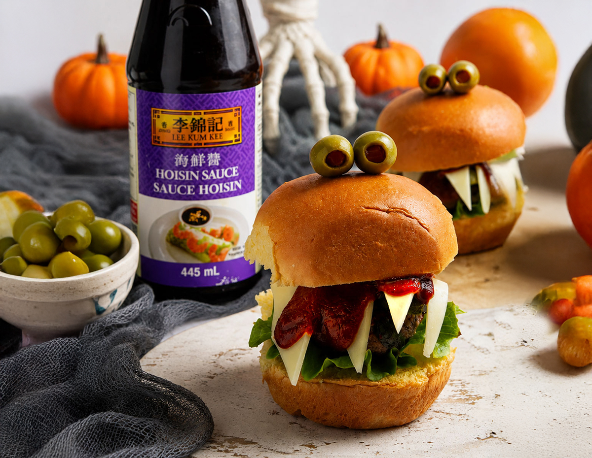 A meatball sliders recipe made with hoisin sauce, shaped like monsters for a Halloween party recipe