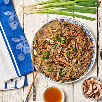 A mushroom japchae recipe made with Lee Kum Kee sesame oil.