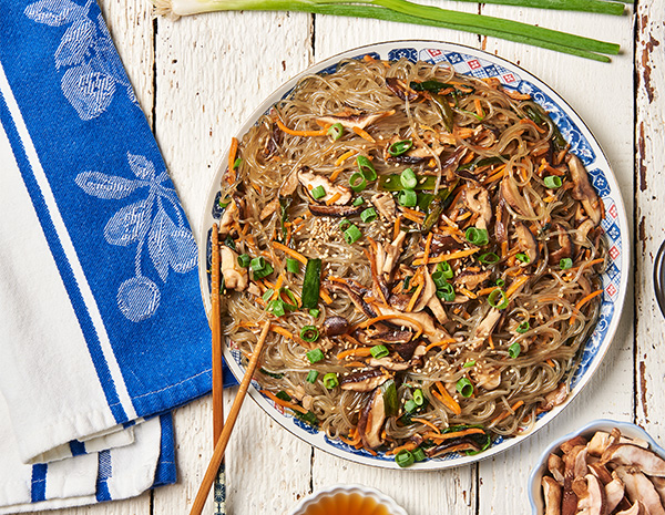 A mushroom japchae recipe made with Lee Kum Kee sesame oil.