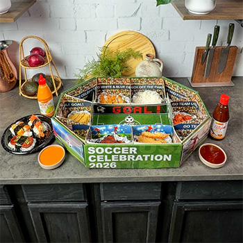 A snack stadium crafted to build the custom musubi recipe of your dreams, with sriracha mayo and chili crisp hot honey for dipping.