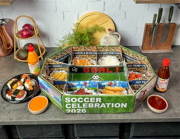 A snack stadium crafted to build the custom musubi recipe of your dreams, with sriracha mayo and chili crisp hot honey for dipping.