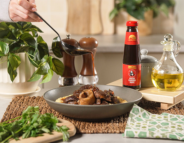 An osso bucco recipe for braised beef shank made with oyster sauce.