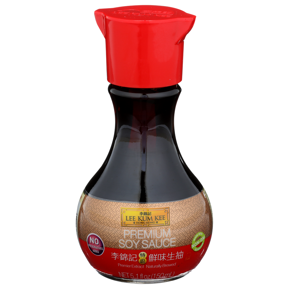 A tabletop bottle with 150mL of Lee Kum Kee Premium Soy Sauce, no preservatives added.