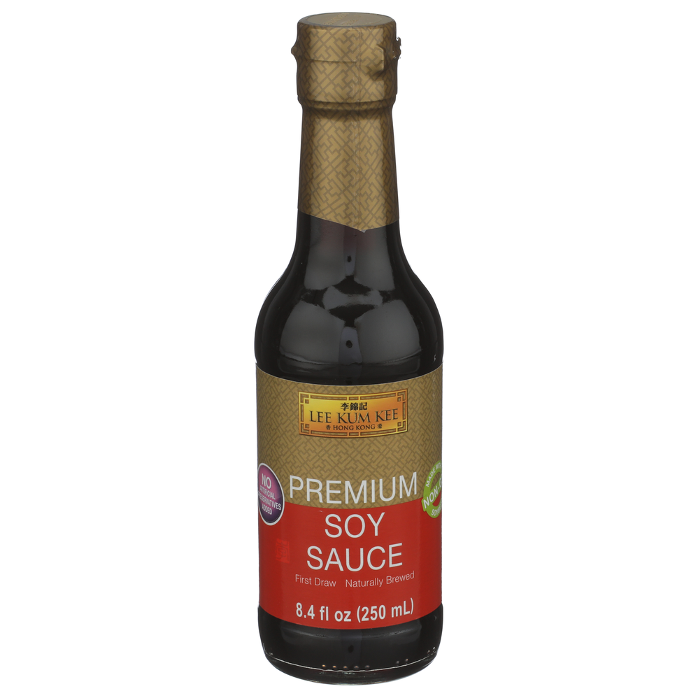 Premium Soy Sauce with no preservatives added by Lee Kum Kee, 250 mL bottle.