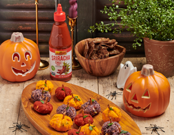 A Pumpkin Shaped Cheeseballs recipe perfect for Halloween, with a spicy kick from Lee Kum Kee Sriracha Chili Sauce.