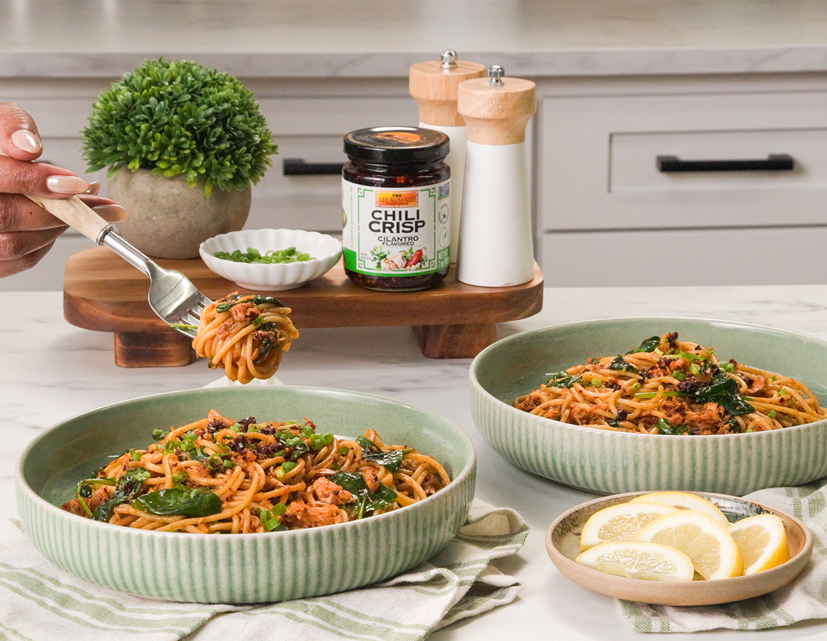 A quick pasta recipe done in under 15 minutes, made with tinned fish and drizzled with cilantro chili crisp.