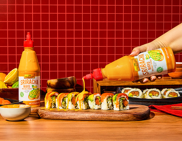 A rainbow sushi roll recipe with Sriracha Mayo.