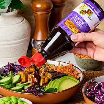A tofu power bowl recipe made with a Lee Kum Kee Hoisin glaze.