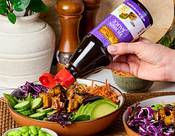 A tofu power bowl recipe made with a Lee Kum Kee Hoisin glaze.