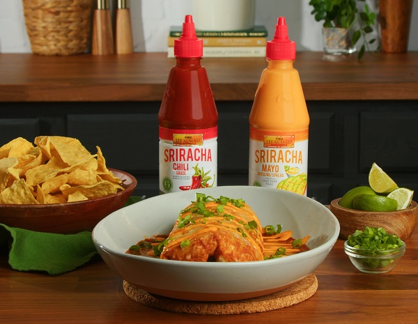 Wet Asian burrito recipe alongside chips and Lee Kum Kee sauces