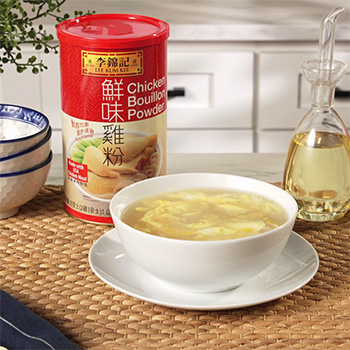 An egg drop soup recipe made with corn and chicken bouillon powder.