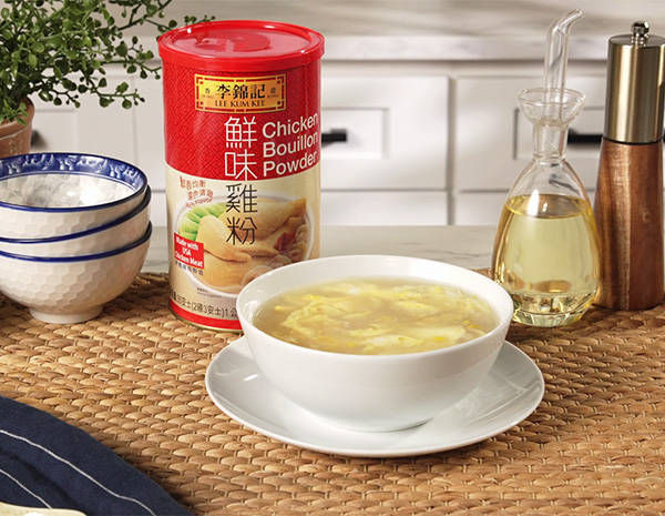An egg drop soup recipe made with corn and chicken bouillon powder.