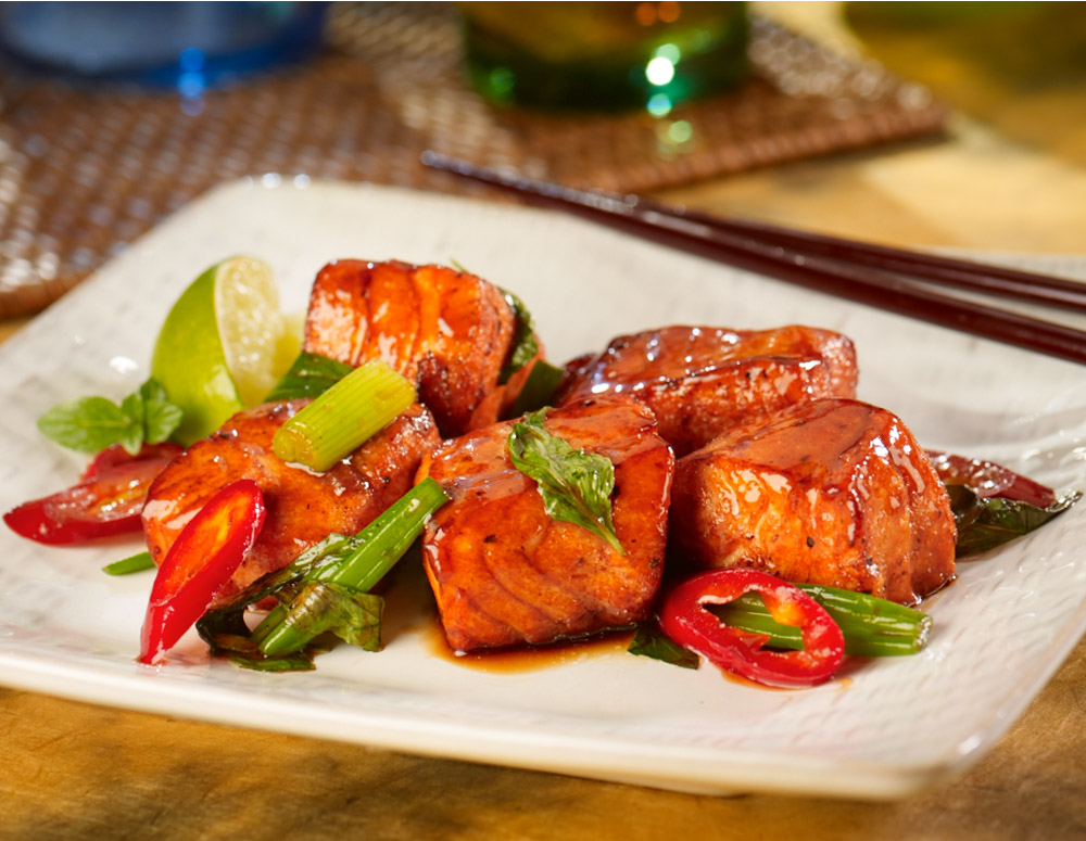 Recipe Lucky Pan-Glazed Salmon with Oyster Flavored Sauce and Basil