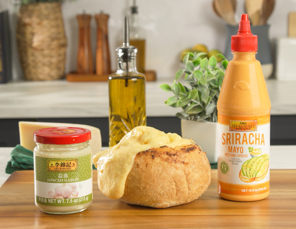 A prepared bread bowl with mac and cheese gnocchi from Lee Kum Kee’s recipe