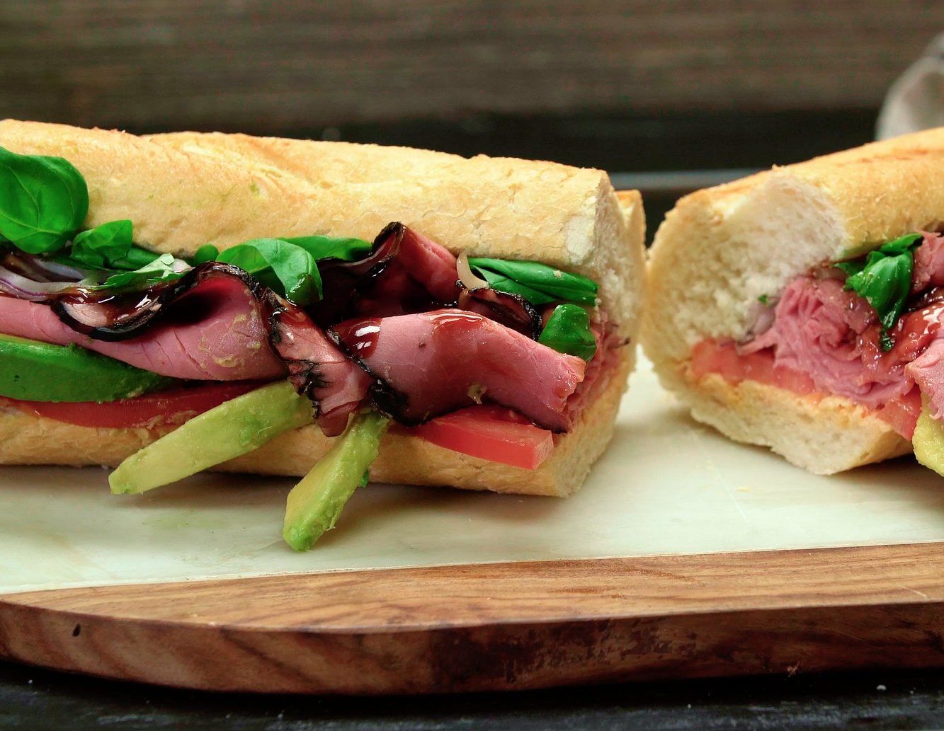 Pho Roast Beef Sandwich on a wooden board