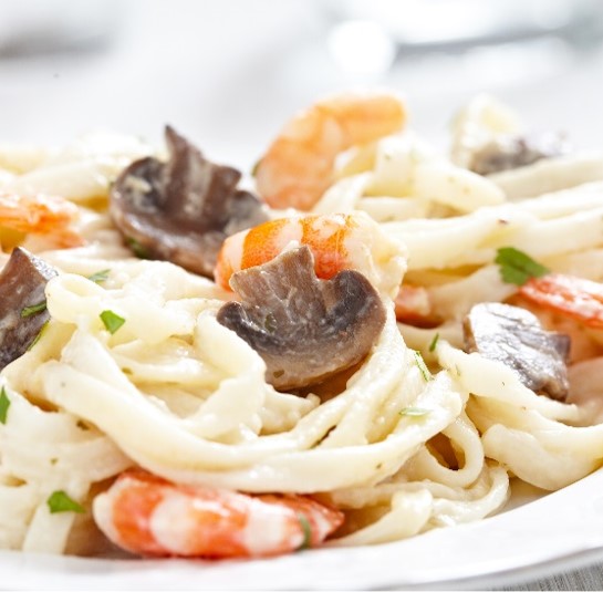 Seafood Fettuccini in Mushroom Cream Sauce