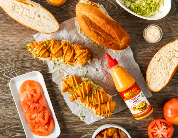 The ingredients for a shrimp po boy recipe and Lee Kum Kee Sriracha Mayo
